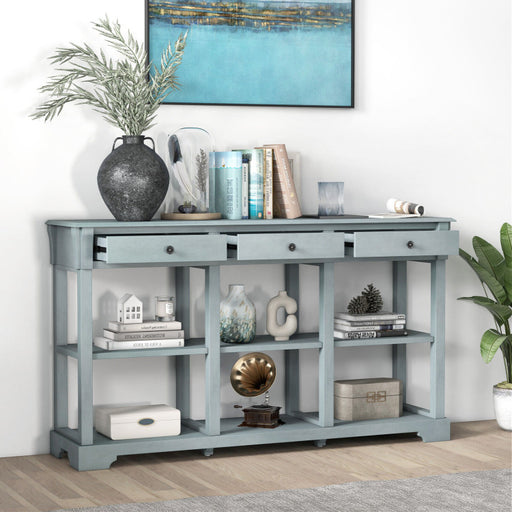 58 Inch Retro Console Table with 3 Drawers and Open Shelves Rectangular Entryway Table