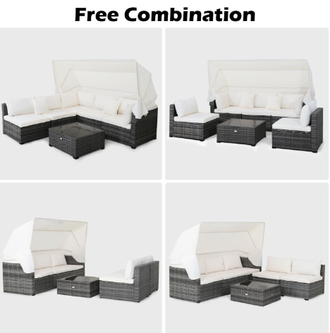 6 Pieces Patio Rattan Furniture Set with Retractable Canopy