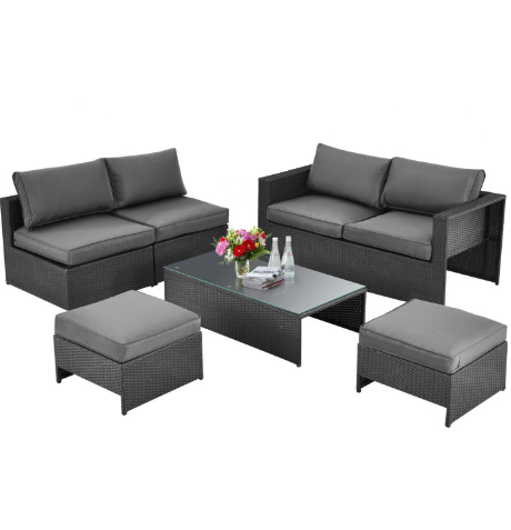 6 Pieces Patio Rattan Furniture Set with Glass Table and Cushioned Seat