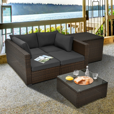 4 Pieces Patio Rattan Cushioned Furniture Set with Armrest and Storage Box