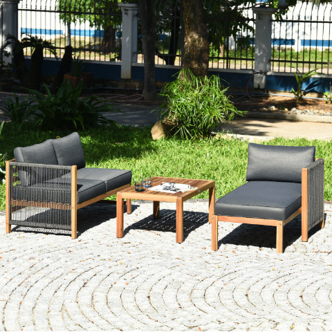 3 Pieces Patio Acacia Wood Sofa Furniture Set with Nylon Rope Armrest
