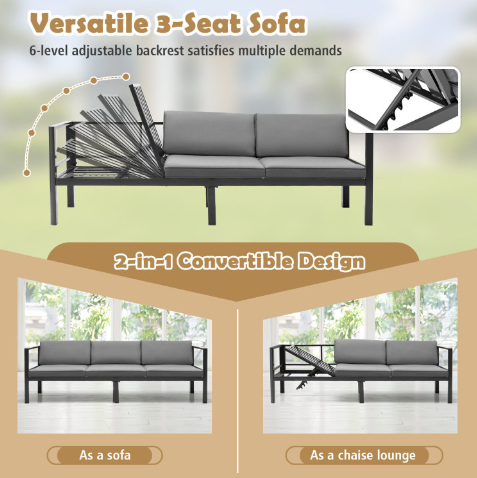 3 Pieces Aluminum Patio Furniture Set with 6-Level Adjustable Backrest
