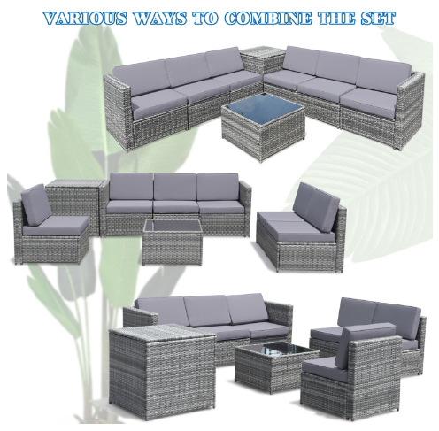8 Pieces Wicker Sofa Rattan Dining Set Patio Furniture with Storage Table