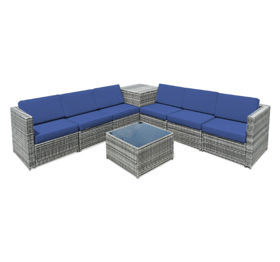 8 Pieces Wicker Sofa Rattan Dining Set Patio Furniture with Storage Table
