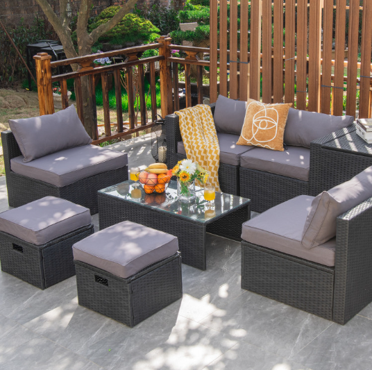 8 Pieces Patio Furniture Set with Storage Box and Waterproof Cover