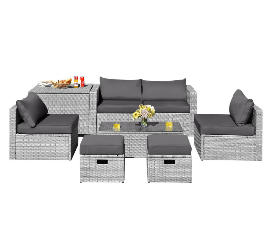 8 Pieces Patio Rattan Furniture Set with Storage Waterproof Cover and Cushion