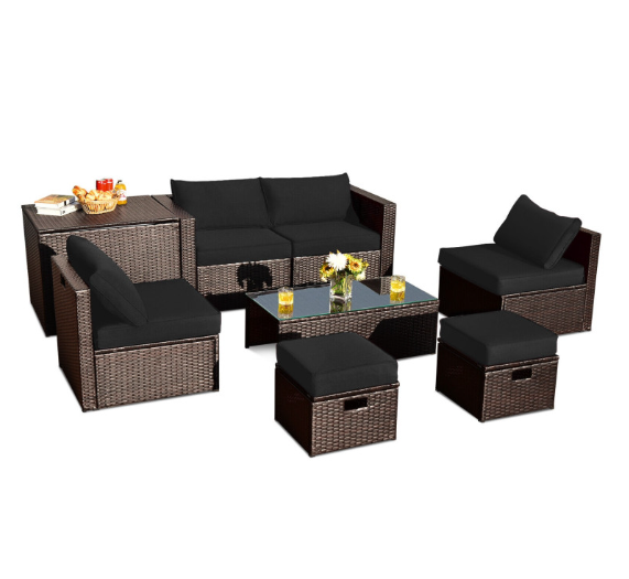8 Pieces Patio Space-Saving Rattan Furniture Set with Storage Box and Waterproof Cover