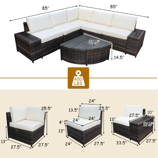 6 Piece Wicker Patio Sectional Sofa Set with Tempered Glass Coffee Table