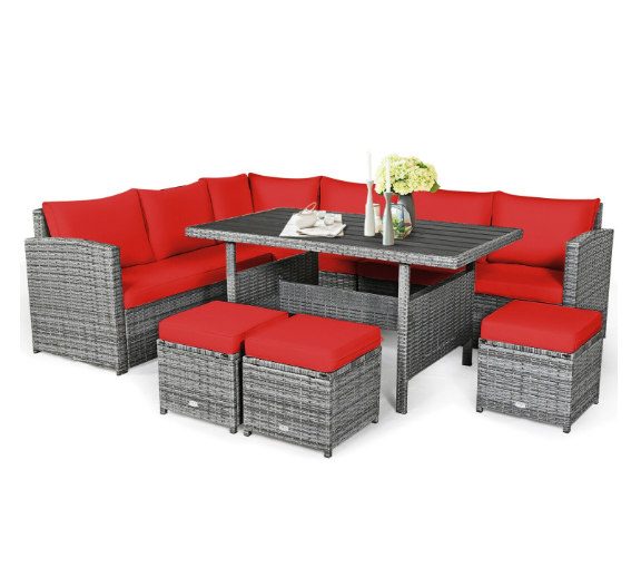 7 Pieces Outdoor Wicker Sectional Sofa Set with Dining Table
