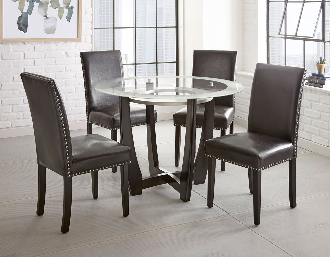 Verano 5 Piece Set (Glass Top Table & 4 Black Side Chairs)