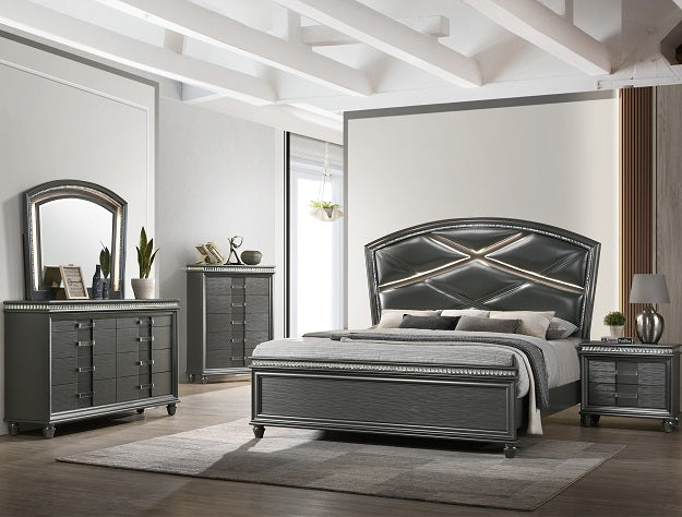 Adira Gray LED Upholstered Panel Bed