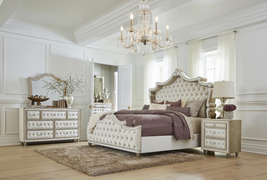 Antonella 5-Piece Eastern King Upholstered Tufted Bedroom Set Ivory and Camel