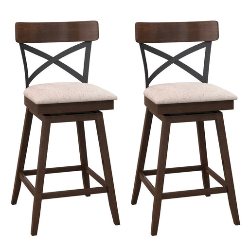 Set of 2 Wooden Swivel Bar Stools with Cushioned Seat and Open X Back