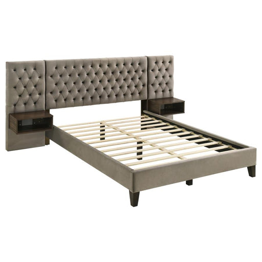 Marley Upholstered Platform Bed with Headboard Panels Light Brown