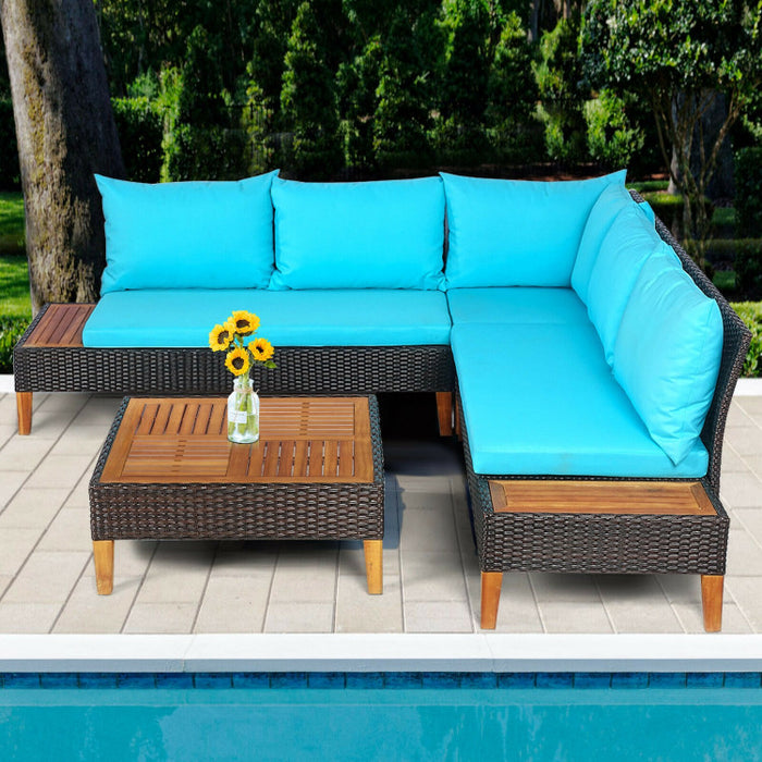 4 Pieces Patio Cushioned Rattan Furniture Set with Wooden Side Table