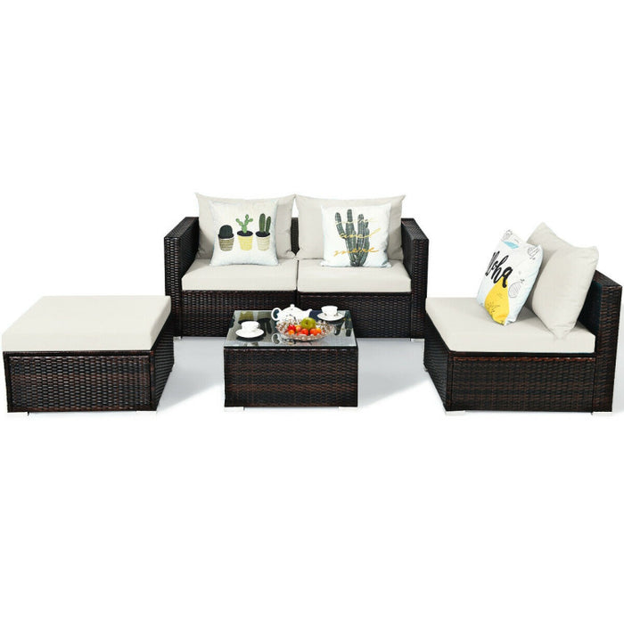 5 Pieces Patio Rattan Sectional Furniture Set with Cushions and Coffee Table
