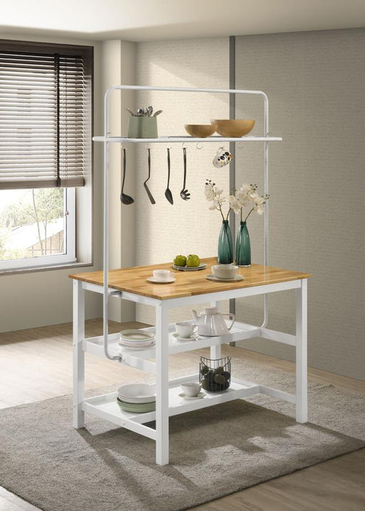 Hollis Kitchen Island Counter Height Table with Pot Rack Brown and White