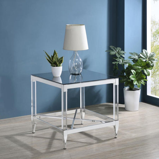 Lindley Square End Table with Acrylic Legs and Tempered Mirror Top Chrome