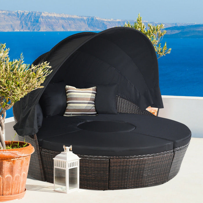 Outdoor Round Wicker Daybed with Retractable Canopy and Height Adjustable Coffee Table