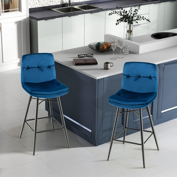 2 Pieces 29 Inch Velvet Bar Stools Set with Tufted Back and Footrests