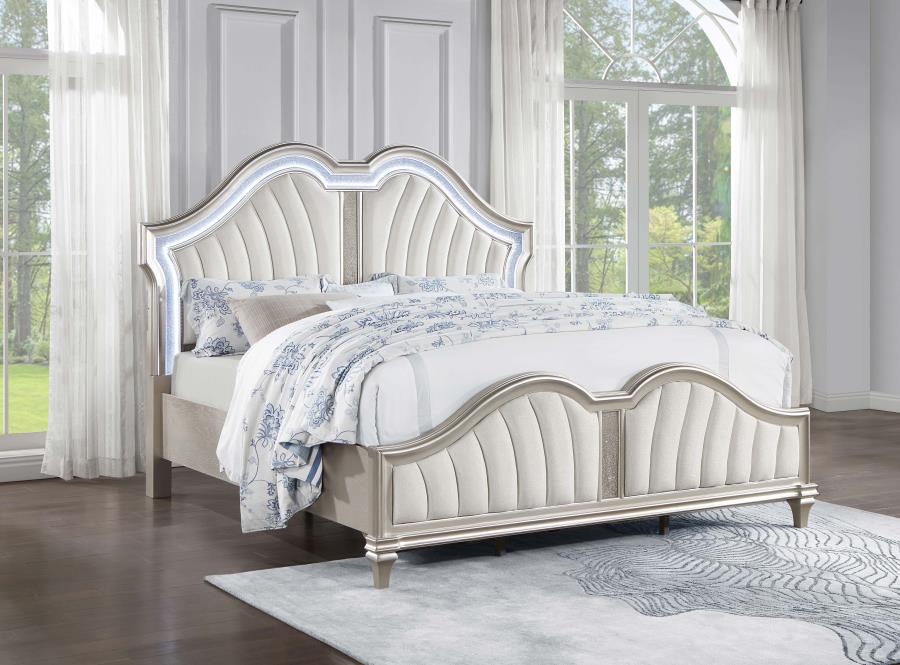 Evangeline Tufted Upholstered Platform Bed Ivory and Silver Oak