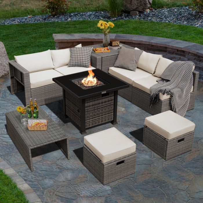 9 Pieces Outdoor Patio Furniture Set with 32-Inch Propane Fire Pit Table