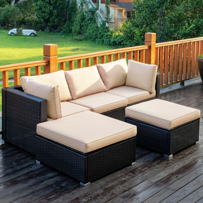 5 Pieces Patio Sectional Rattan Furniture Set with Ottoman Table