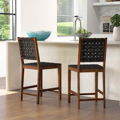 Set of 2 Woven Bar Stools with Faux PU Leather Straps