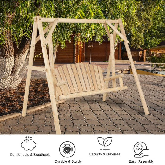 Outdoor Wooden Porch Bench Swing Chair with Rustic Curved Back