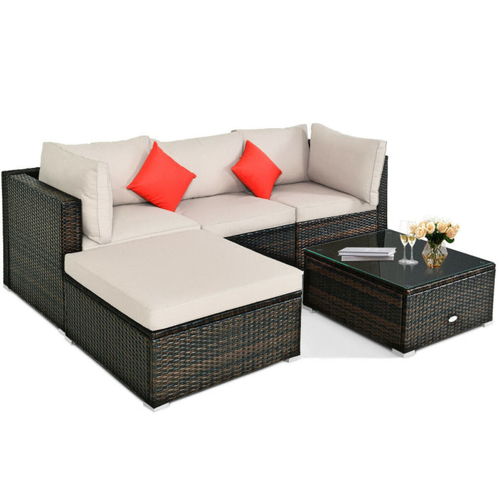 5 Pieces Outdoor Patio Rattan Furniture Set Sectional Conversation with Cushions