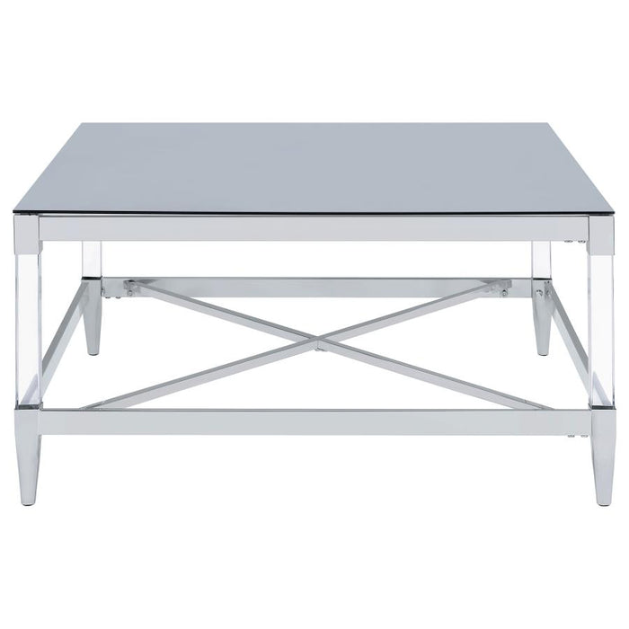 Lindley Square Coffee Table with Acrylic Legs and Tempered Mirror Top Chrome