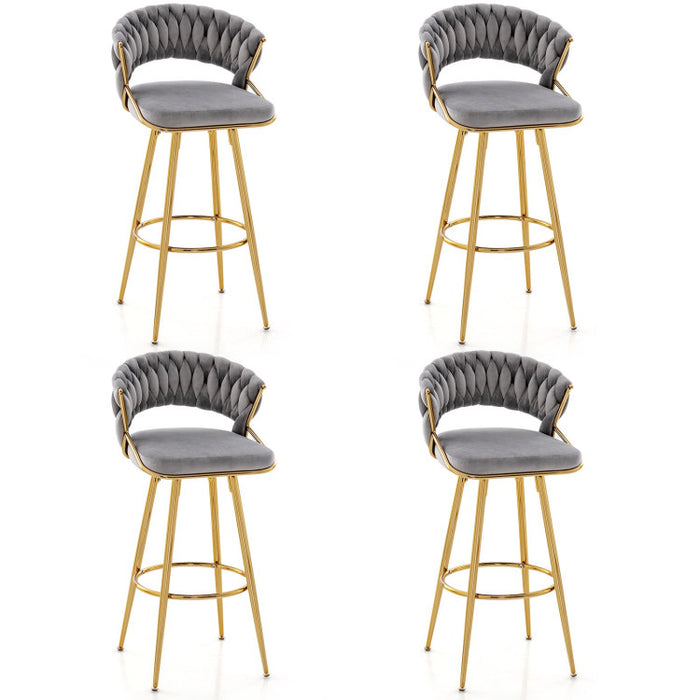 29 Inch Velvet Bar Stool Set of 2 with Woven Backrest and Gold Metal Legs