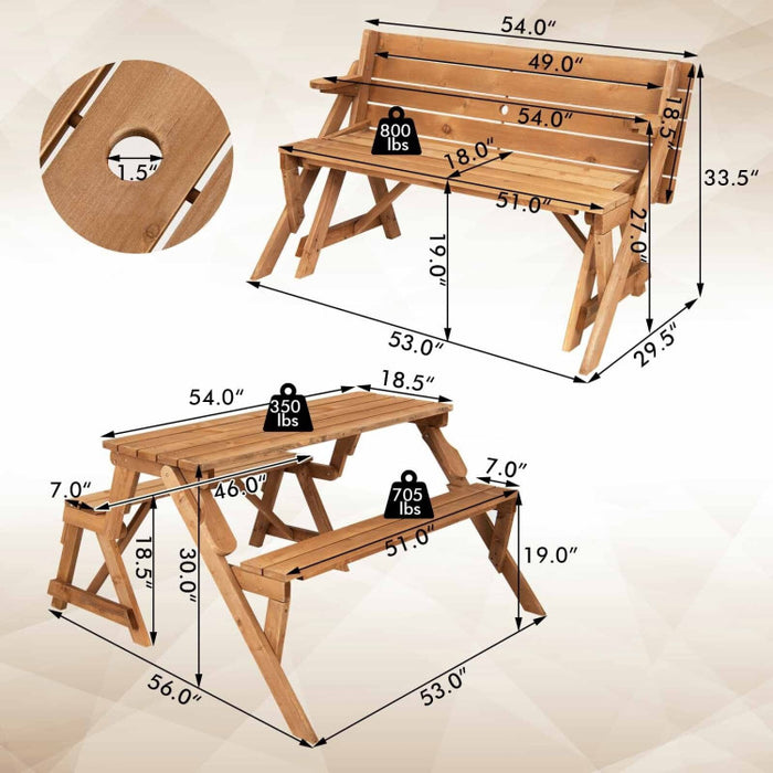 2-in-1 Transforming Interchangeable Wooden Picnic Table Bench with Umbrella Hole