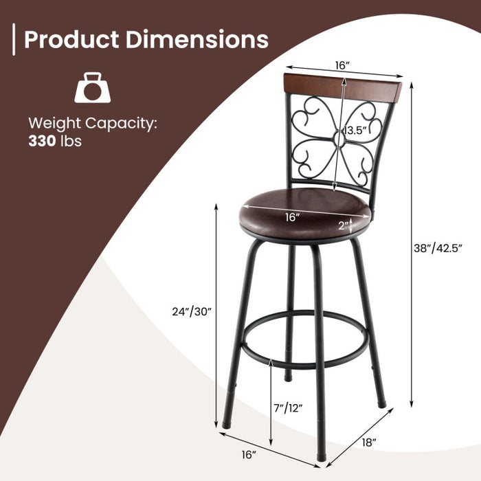 2 Pieces 24-30 Inch Adjustable PU Cushioned Swivel Barstools
