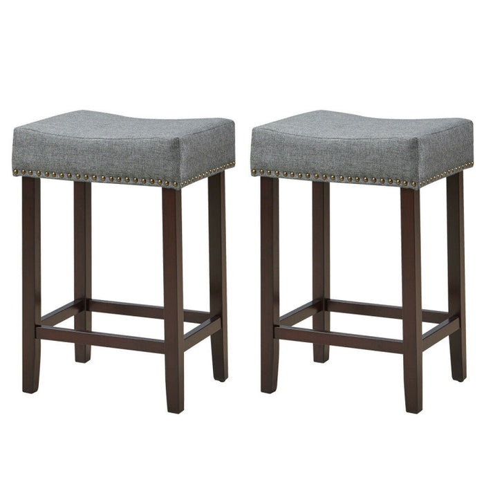 24 Inch 2 Pieces Nailhead Saddle Bar Stools with Fabric Seat and Wood Legs