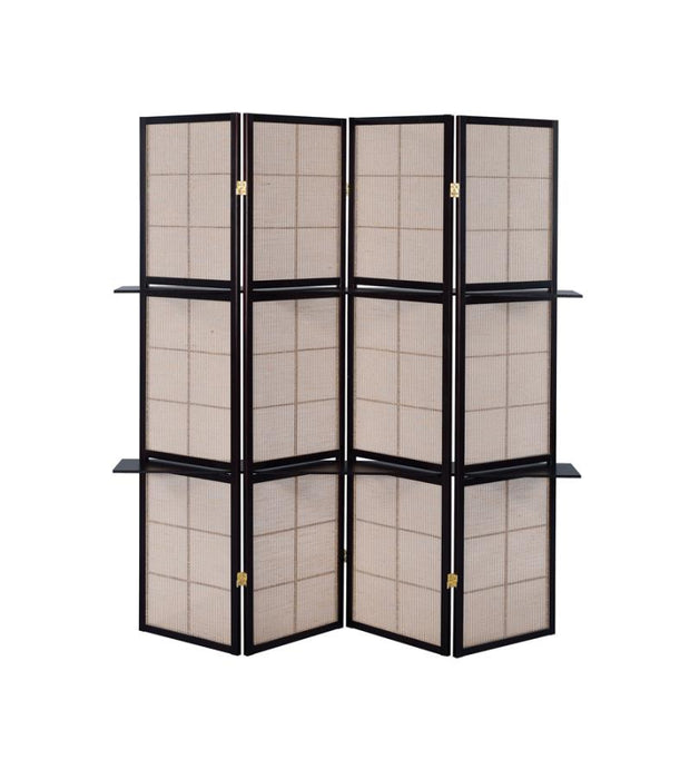 Iggy 4-Panel Folding Screen With Removable Shelves Tan And Cappuccino