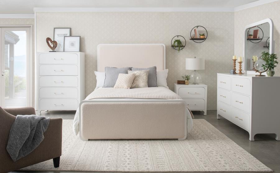 Anastasia Boucle Upholstered Panel Bed Pearl White and Beige