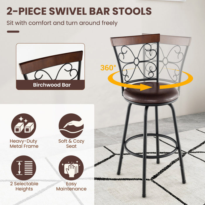 2 Pieces 24-30 Inch Adjustable PU Cushioned Swivel Barstools