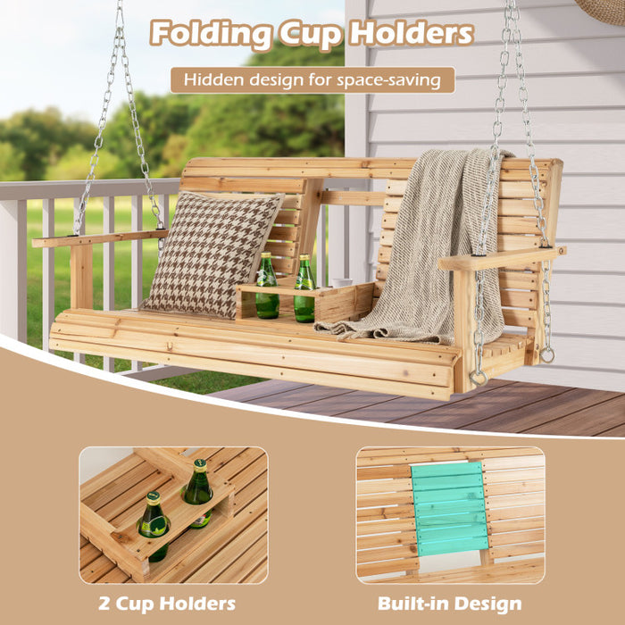 5 Feet Porch Swing Chair with Adjustable Chains and Foldable Cup Holders