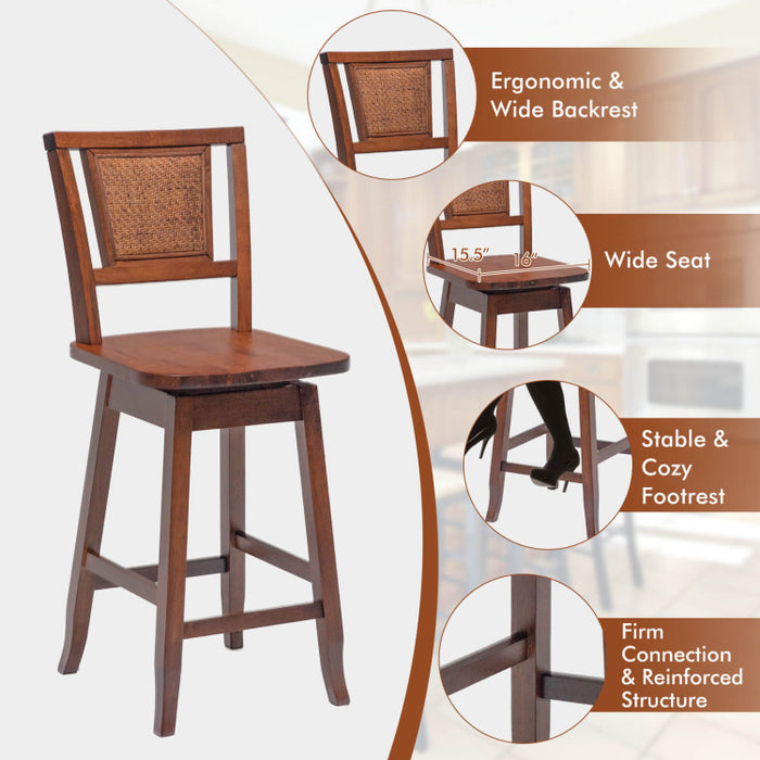 2 Pieces 24.5 Inch Bar Stools with Rattan Back and Swivel Seat