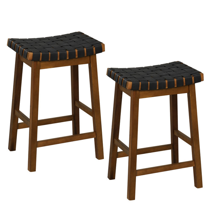 Faux PU Leather Bar Height Stools Set of 2 with Woven Curved Seat