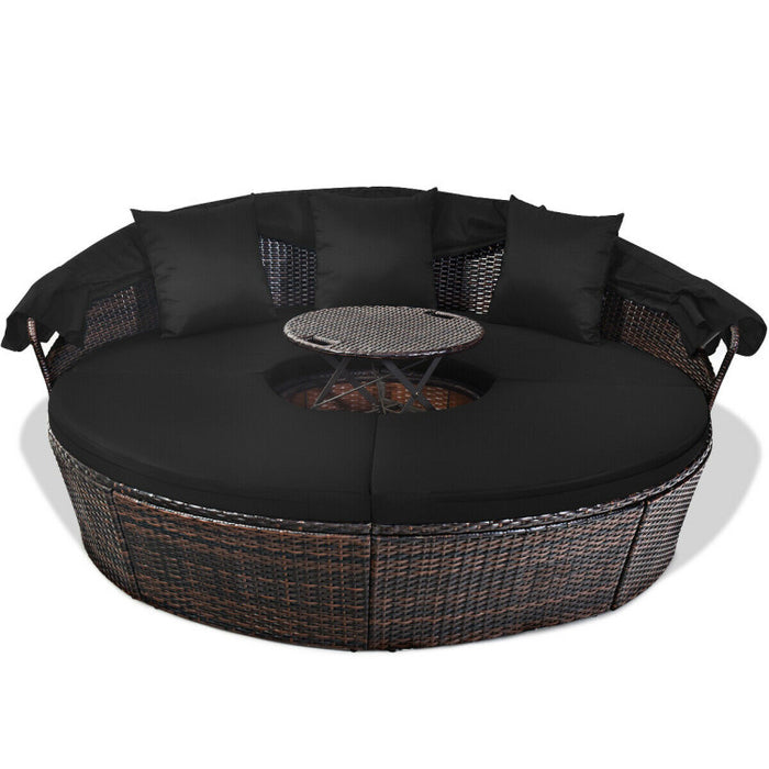 Outdoor Round Wicker Daybed with Retractable Canopy and Height Adjustable Coffee Table