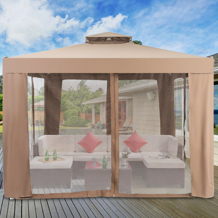 10 x 10 Feet Patio Canopy Gazebo with Neting and Double Tiered Roof