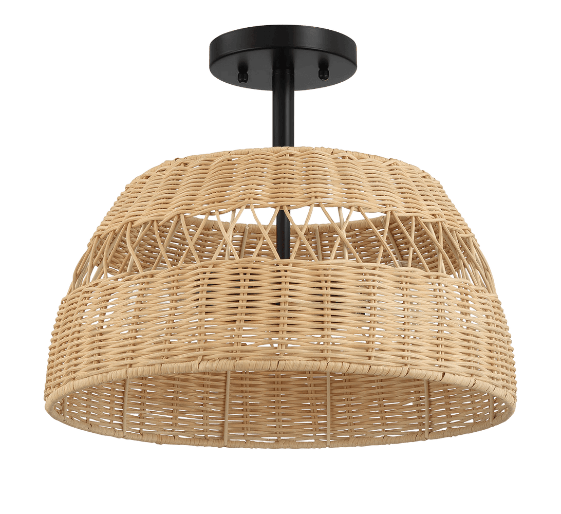 Twinkle Double Lights Semi Flush With Rattan Shade Black Metal Finish for Farmhouse Style - West Lamp