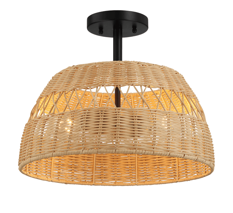 Twinkle Double Lights Semi Flush With Rattan Shade Black Metal Finish for Farmhouse Style - West Lamp