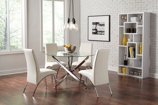 Beckham Round Dining Table Chrome And Clear With White Leather Chairs