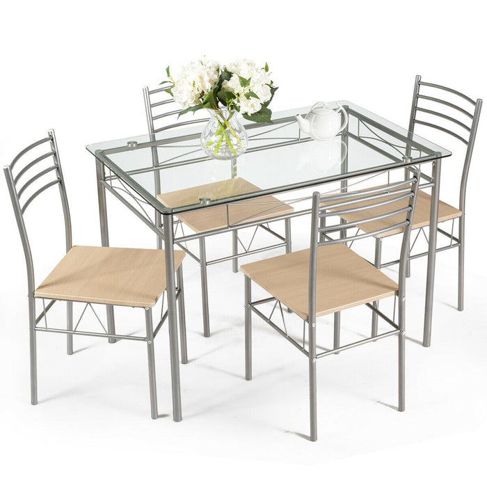 5 Pcs Dining Set Glass Table and 4 Chairs