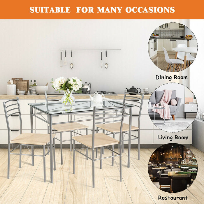 5 Pcs Dining Set Glass Table and 4 Chairs