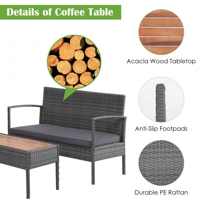 4 Pieces Rattan Patio Conversation Furniture Set with Acacia Wood Tabletop