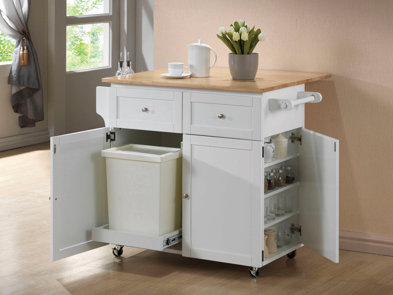 3-Door Kitchen Cart With Casters Natural Brown And White